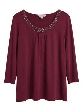 Laura Ashley Maroon Burgundy Beaded Rhinestone Scoop Neck 3/4 Sleeve Blouse Top